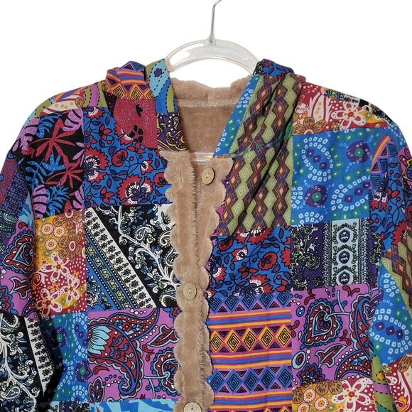 Patchwork Boho Hooded Coat Faux Fur Lined Button Down Mid Length Cozy Size L/XL - Picture 2 of 13
